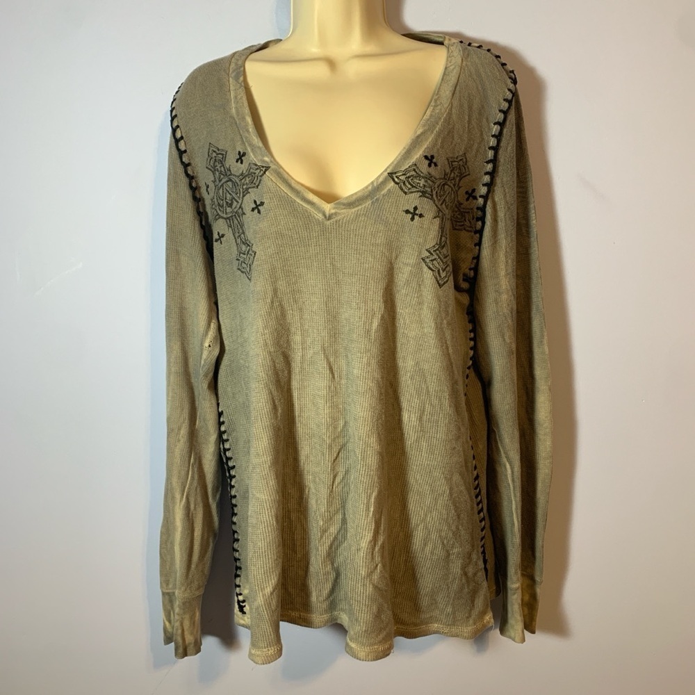 Affliction v neck waffle thermal long sleeve tee XL grey black cross stitching